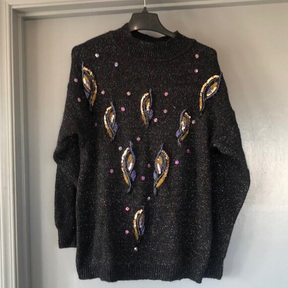 Tony Lambert Black Silk Blend Beads Sequins Mock Neck Sweater Women sz Large - Picture 1 of 5